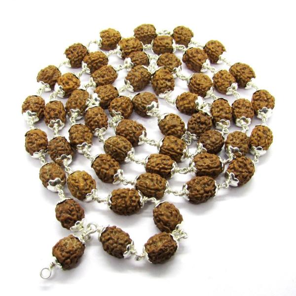 3 Mukhi Indonesian Rudraksha Mala 54 Beads In Silver (9mm-11mm)