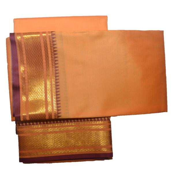 Orange Dhoti With Shawl In Pure Silk Golden Border