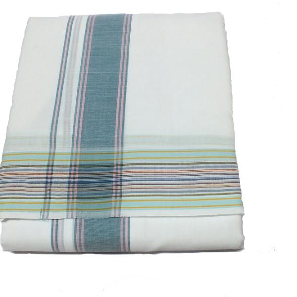 White Dhoti With Shawl In Pure Cotton Blue Border