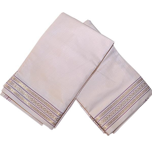 Cream Dhoti With Shawl In Pure Silk Golden Border